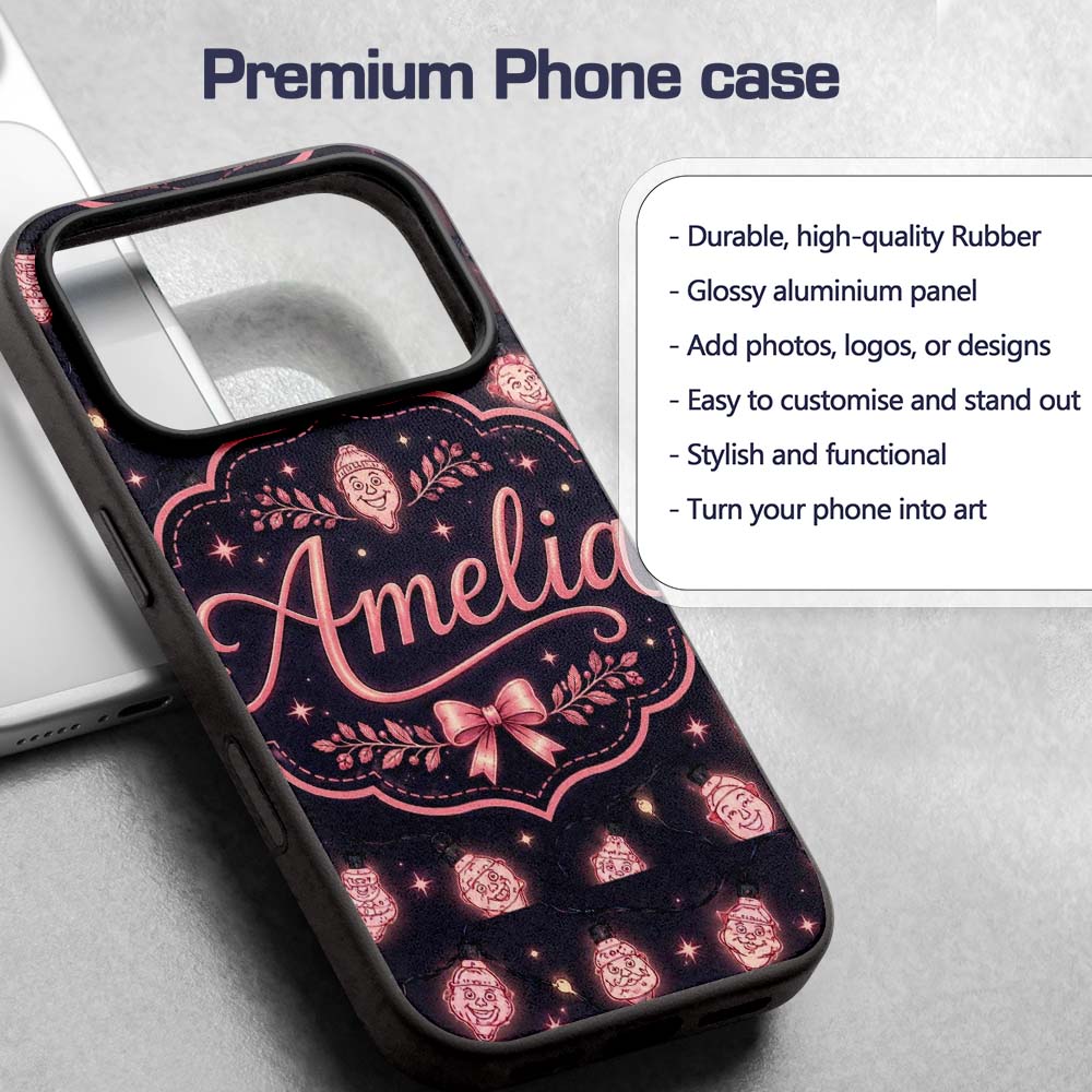Cute Christmas String Lights Santa Printed Design Custom Name Protective Phone Case Mobile Cover Durable Everyday Smartphone Shock Resistant