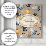 Personalised Name Halloween Ghost Pumpkin Cat Seamless Pattern Taupe Custom  Home Canvas Wall Art Print Decor Picture Ready to Hang