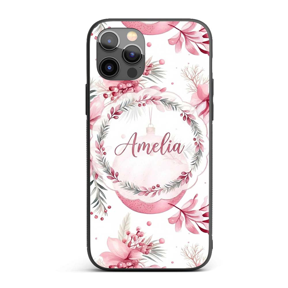 Elegant Pink Watercolor Floral Baubles Winter Custom Name Protective Phone Case Mobile Cover Durable Everyday Smartphone Shock Resistant