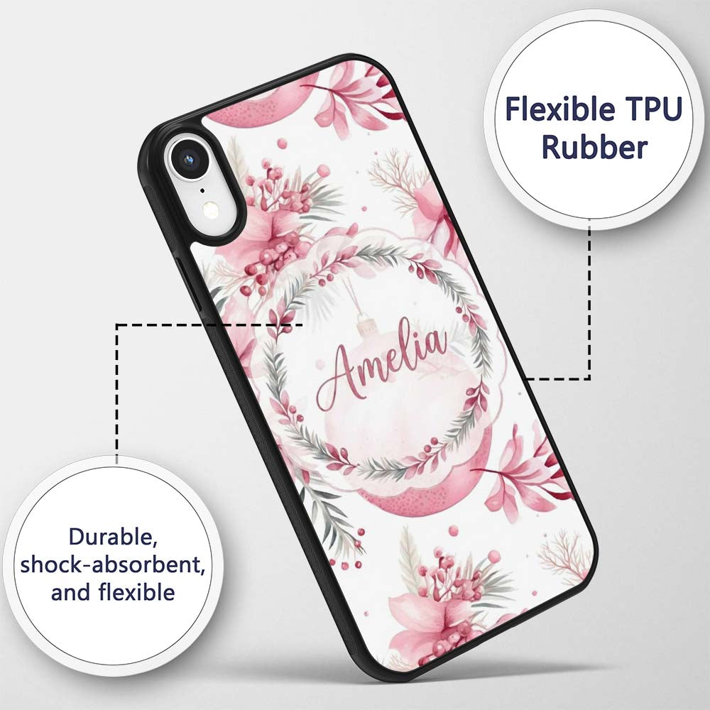 Elegant Pink Watercolor Floral Baubles Winter Custom Name Protective Phone Case Mobile Cover Durable Everyday Smartphone Shock Resistant