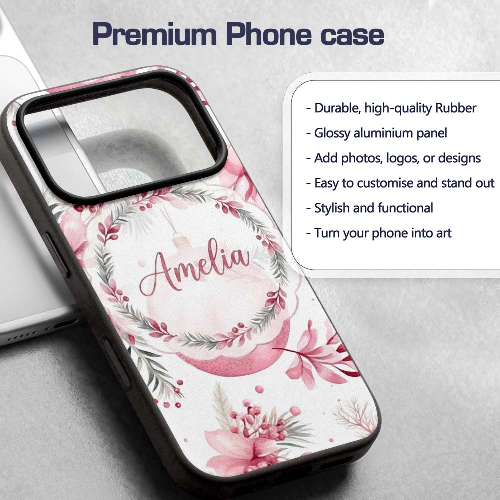 Elegant Pink Watercolor Floral Baubles Winter Custom Name Protective Phone Case Mobile Cover Durable Everyday Smartphone Shock Resistant