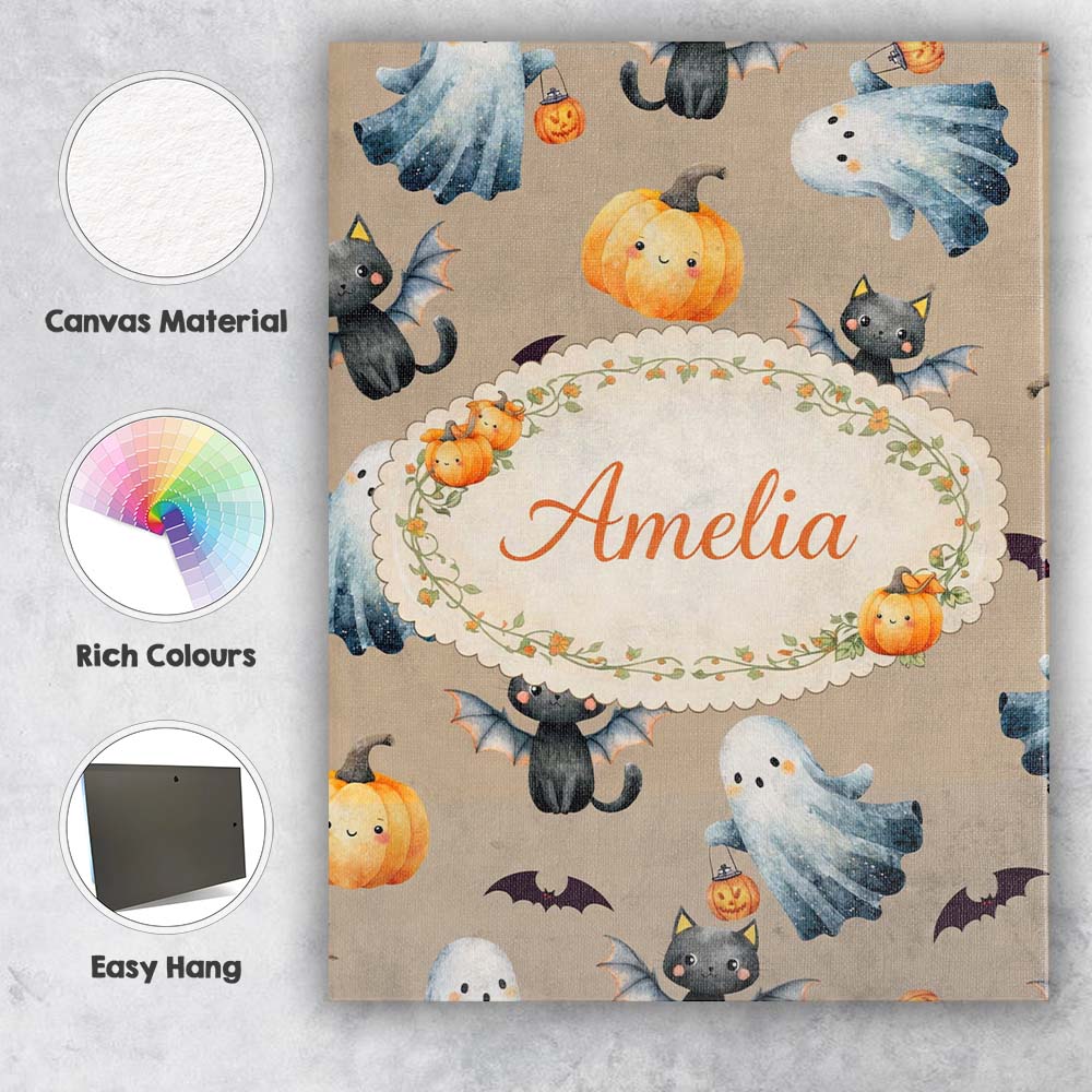 Personalised Name Halloween Ghost Pumpkin Cat Seamless Pattern Taupe Custom  Home Canvas Wall Art Print Decor Picture Ready to Hang