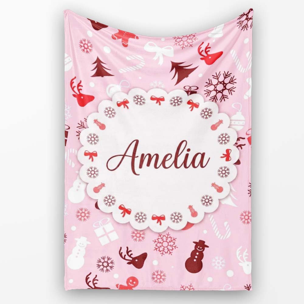 Cute Christmas Snowman Reindeer Candy Seamless Pattern Lovely  Personalised Custom Name Super Soft Fleece Blanket Bed Sofa Throw