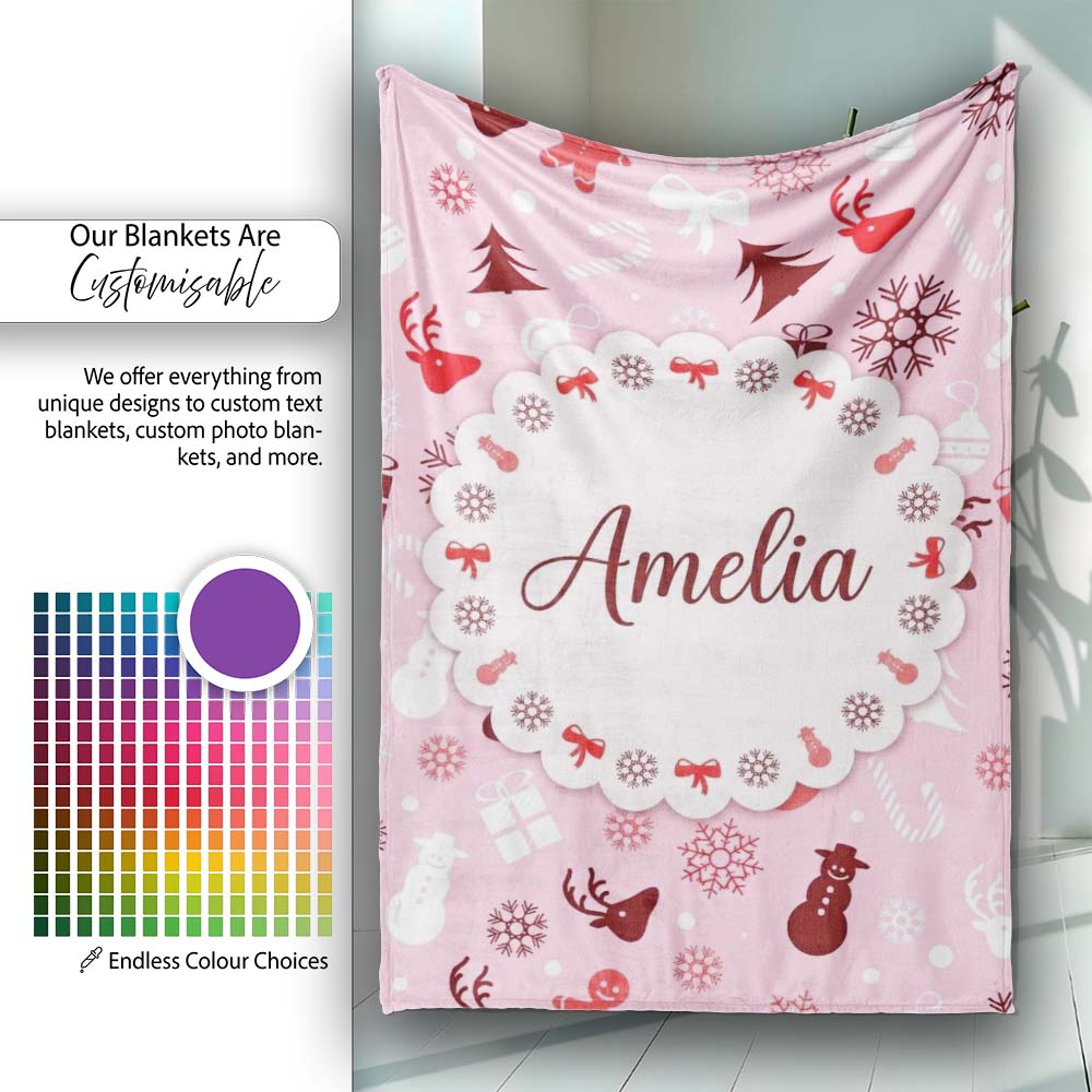 Cute Christmas Snowman Reindeer Candy Seamless Pattern Lovely  Personalised Custom Name Super Soft Fleece Blanket Bed Sofa Throw