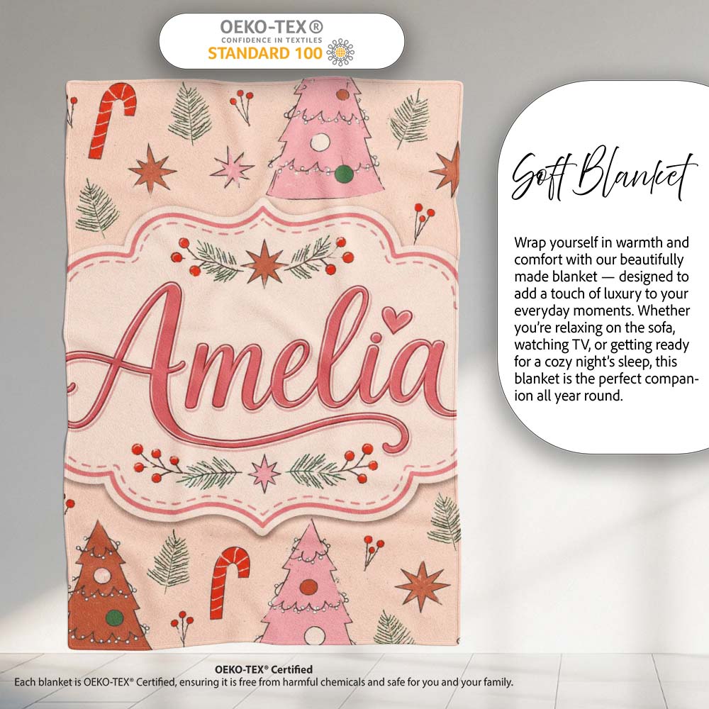 Scandinavian Style Christmas Trees Candy Cane Cute Seamless Pattern  Personalised Custom Name Super Soft Fleece Blanket Bed Sofa Throw