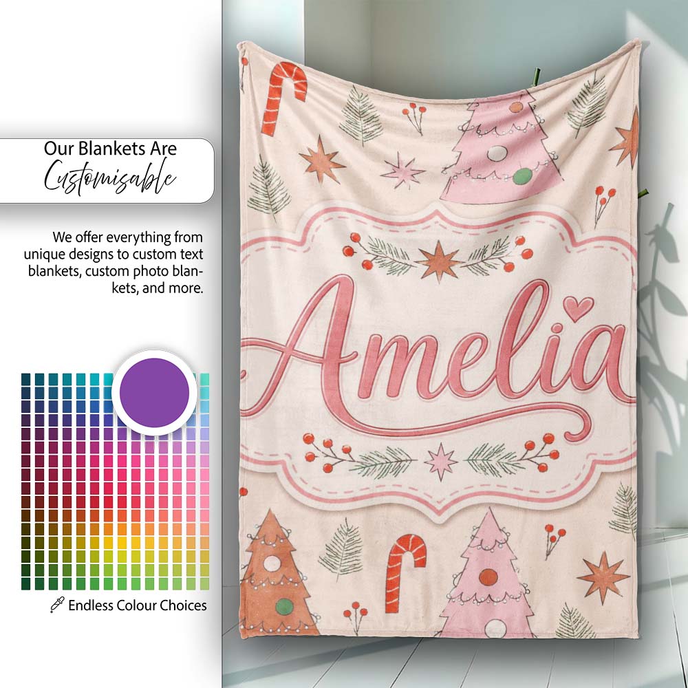 Scandinavian Style Christmas Trees Candy Cane Cute Seamless Pattern  Personalised Custom Name Super Soft Fleece Blanket Bed Sofa Throw