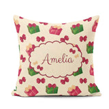 Custom Name Christmas Gift Boxes Bows Red Green Holiday Seamless Square Filled Cushion Throw Pillow Sofa Bed Home Decor Zip Washable UK Made