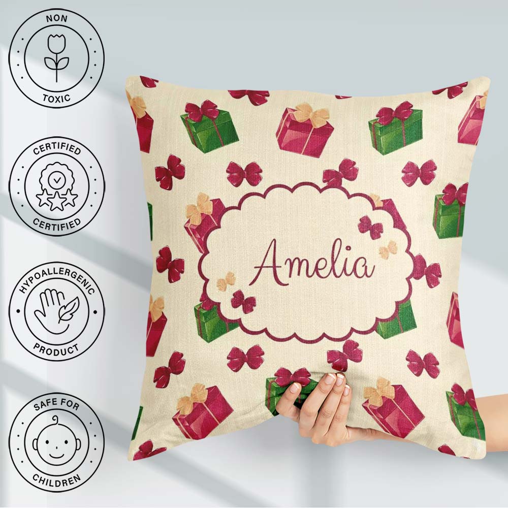 Custom Name Christmas Gift Boxes Bows Red Green Holiday Seamless Square Filled Cushion Throw Pillow Sofa Bed Home Decor Zip Washable UK Made