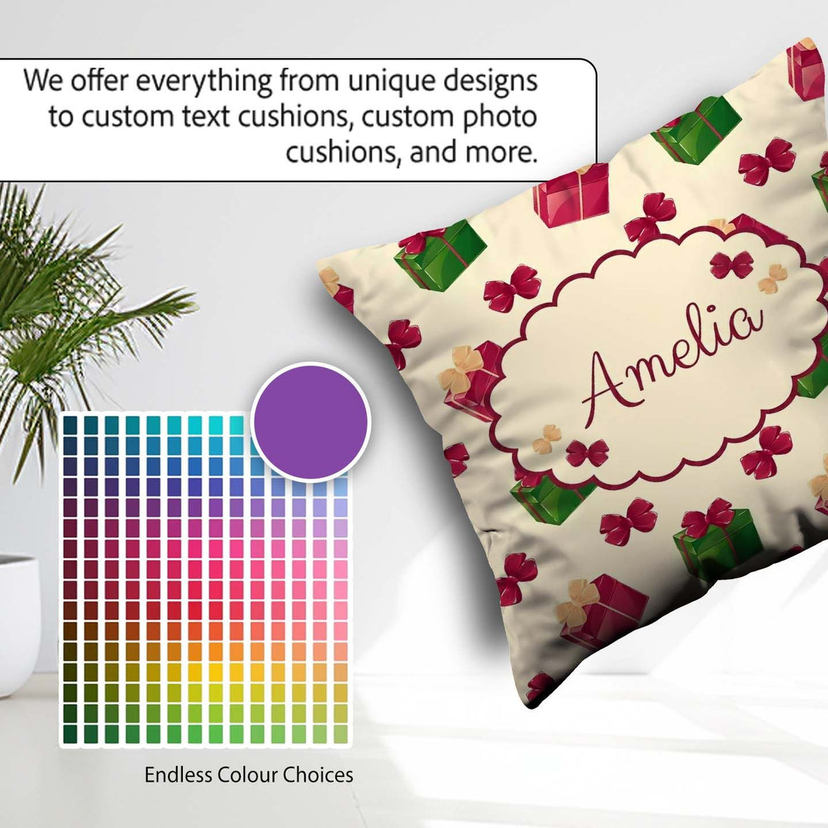 Custom Name Christmas Gift Boxes Bows Red Green Holiday Seamless Square Filled Cushion Throw Pillow Sofa Bed Home Decor Zip Washable UK Made