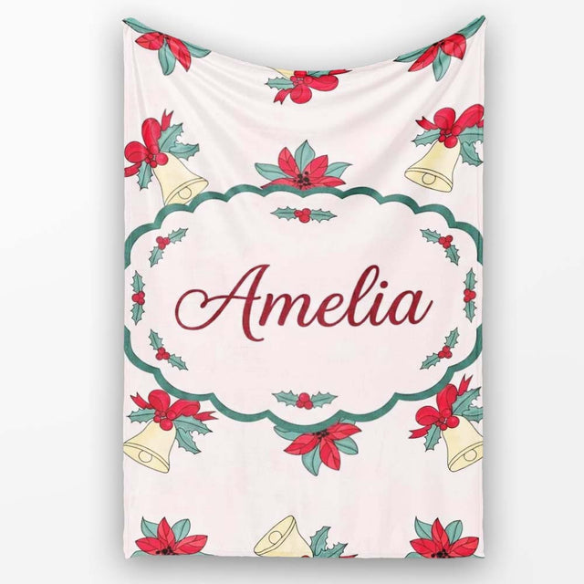Poinsettia Flower Christmas Bell Holly Seamless Pattern Lovely  Personalised Custom Name Super Soft Fleece Blanket Bed Sofa Throw