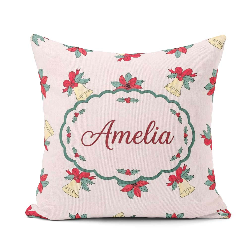 Custom Name Poinsettia Flower Bell Holly Seamless Pattern Lovely Square Filled Cushion Throw Pillow Sofa Bed Home Decor Zip Washable UK Made