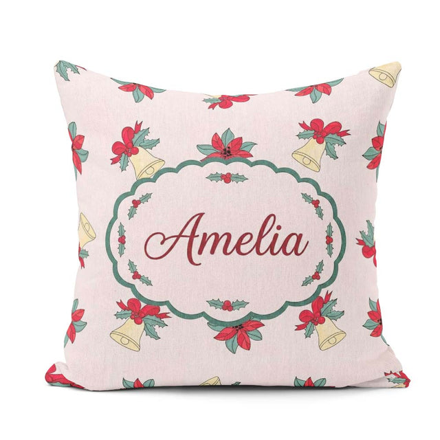 Custom Name Poinsettia Flower Bell Holly Seamless Pattern Lovely Square Filled Cushion Throw Pillow Sofa Bed Home Decor Zip Washable UK Made