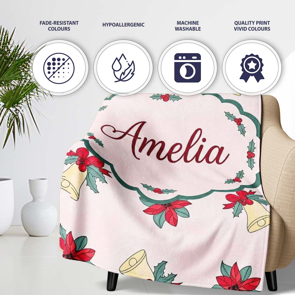 Poinsettia Flower Christmas Bell Holly Seamless Pattern Lovely  Personalised Custom Name Super Soft Fleece Blanket Bed Sofa Throw
