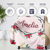 Poinsettia Flower Christmas Bell Holly Seamless Pattern Lovely  Personalised Custom Name Super Soft Fleece Blanket Bed Sofa Throw