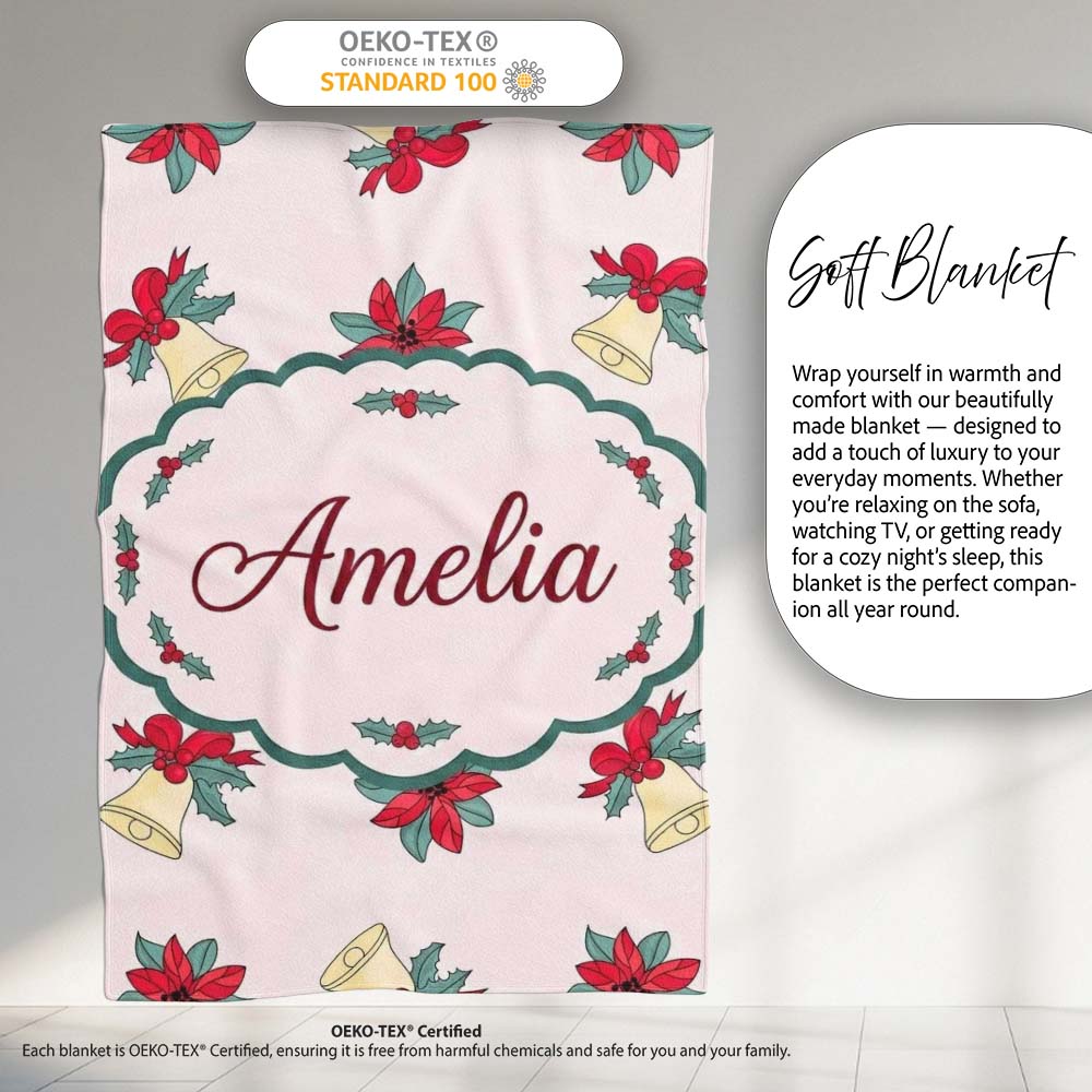 Poinsettia Flower Christmas Bell Holly Seamless Pattern Lovely  Personalised Custom Name Super Soft Fleece Blanket Bed Sofa Throw