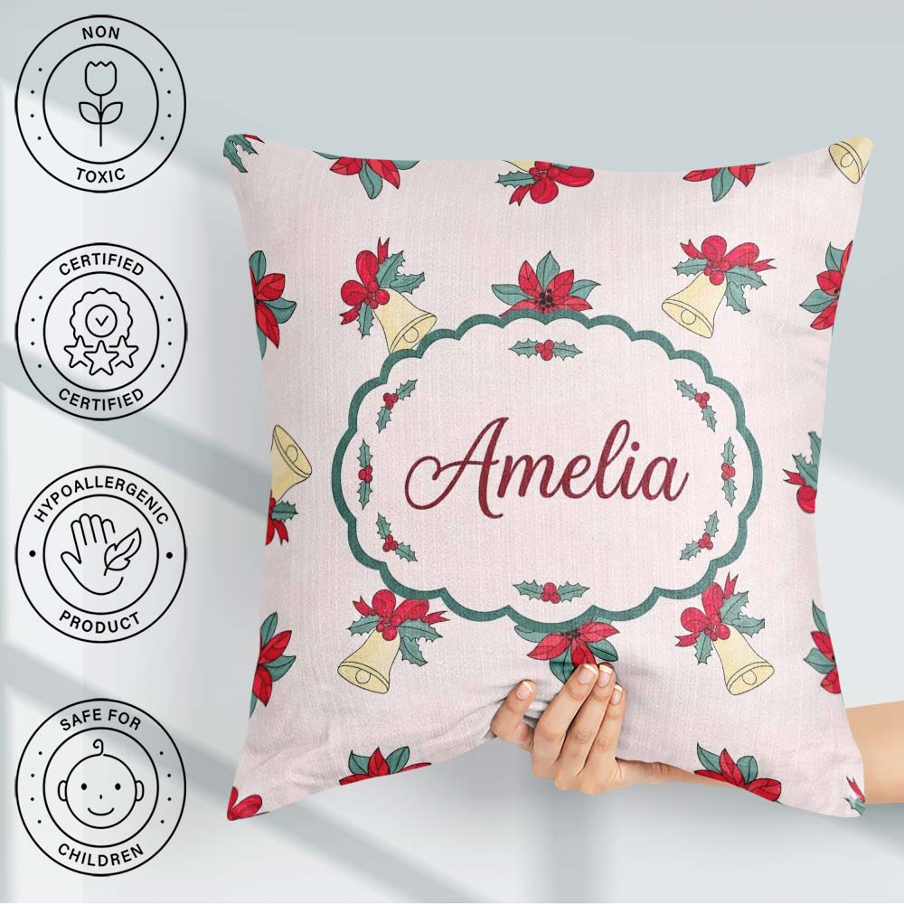 Custom Name Poinsettia Flower Bell Holly Seamless Pattern Lovely Square Filled Cushion Throw Pillow Sofa Bed Home Decor Zip Washable UK Made