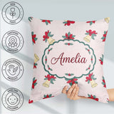 Custom Name Poinsettia Flower Bell Holly Seamless Pattern Lovely Square Filled Cushion Throw Pillow Sofa Bed Home Decor Zip Washable UK Made