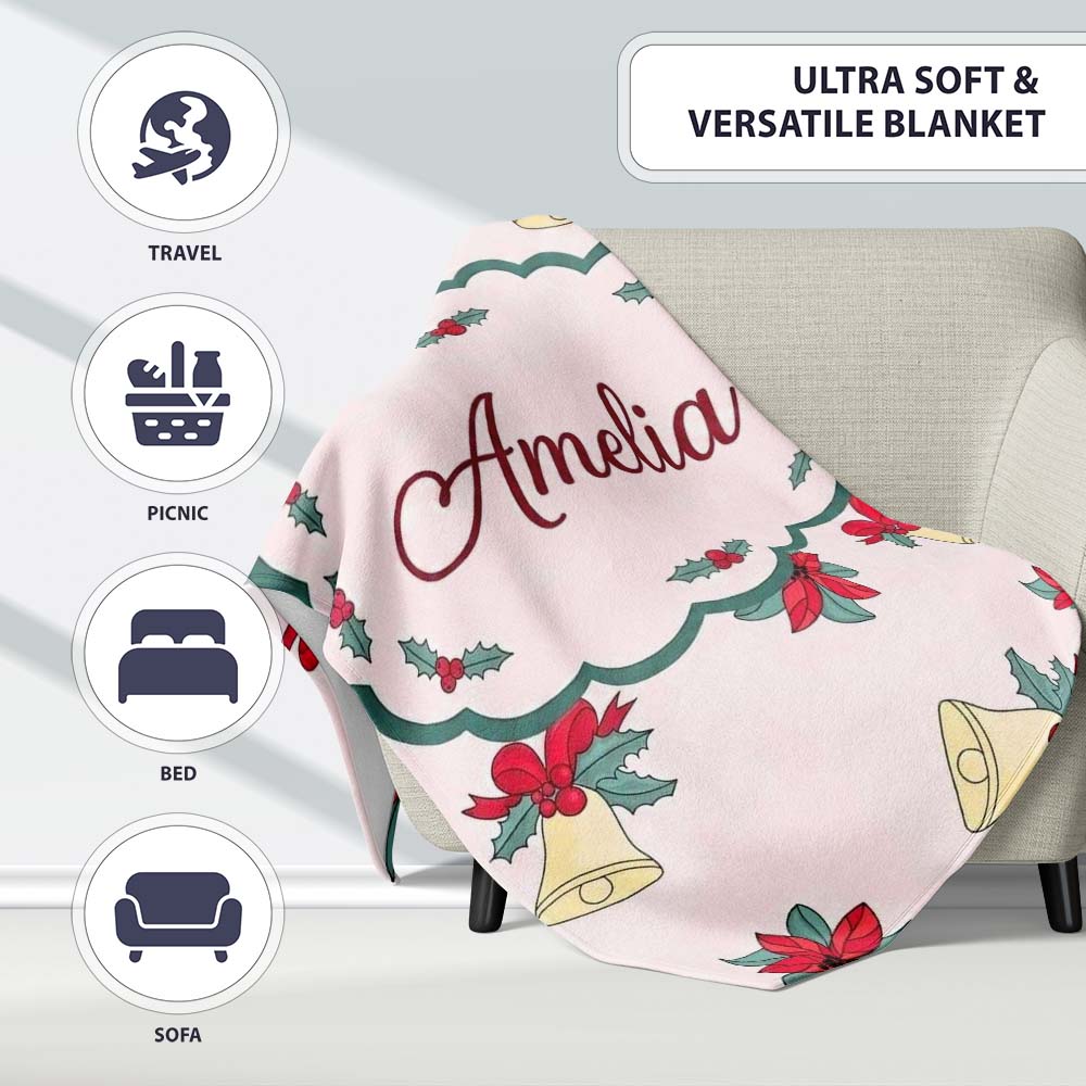Poinsettia Flower Christmas Bell Holly Seamless Pattern Lovely  Personalised Custom Name Super Soft Fleece Blanket Bed Sofa Throw
