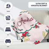 Poinsettia Flower Christmas Bell Holly Seamless Pattern Lovely  Personalised Custom Name Super Soft Fleece Blanket Bed Sofa Throw