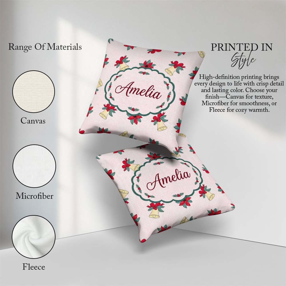 Custom Name Poinsettia Flower Bell Holly Seamless Pattern Lovely Square Filled Cushion Throw Pillow Sofa Bed Home Decor Zip Washable UK Made