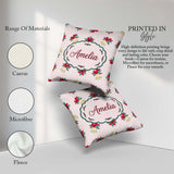 Custom Name Poinsettia Flower Bell Holly Seamless Pattern Lovely Square Filled Cushion Throw Pillow Sofa Bed Home Decor Zip Washable UK Made