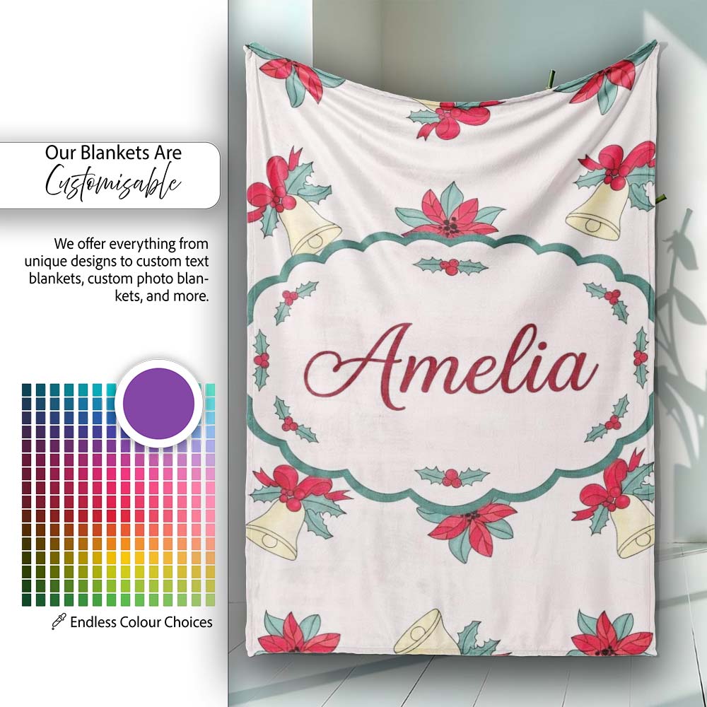 Poinsettia Flower Christmas Bell Holly Seamless Pattern Lovely  Personalised Custom Name Super Soft Fleece Blanket Bed Sofa Throw