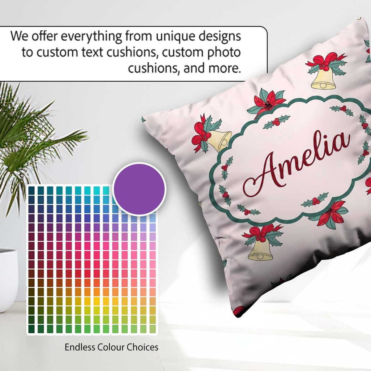 Custom Name Poinsettia Flower Bell Holly Seamless Pattern Lovely Square Filled Cushion Throw Pillow Sofa Bed Home Decor Zip Washable UK Made