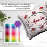 Custom Name Poinsettia Flower Bell Holly Seamless Pattern Lovely Square Filled Cushion Throw Pillow Sofa Bed Home Decor Zip Washable UK Made