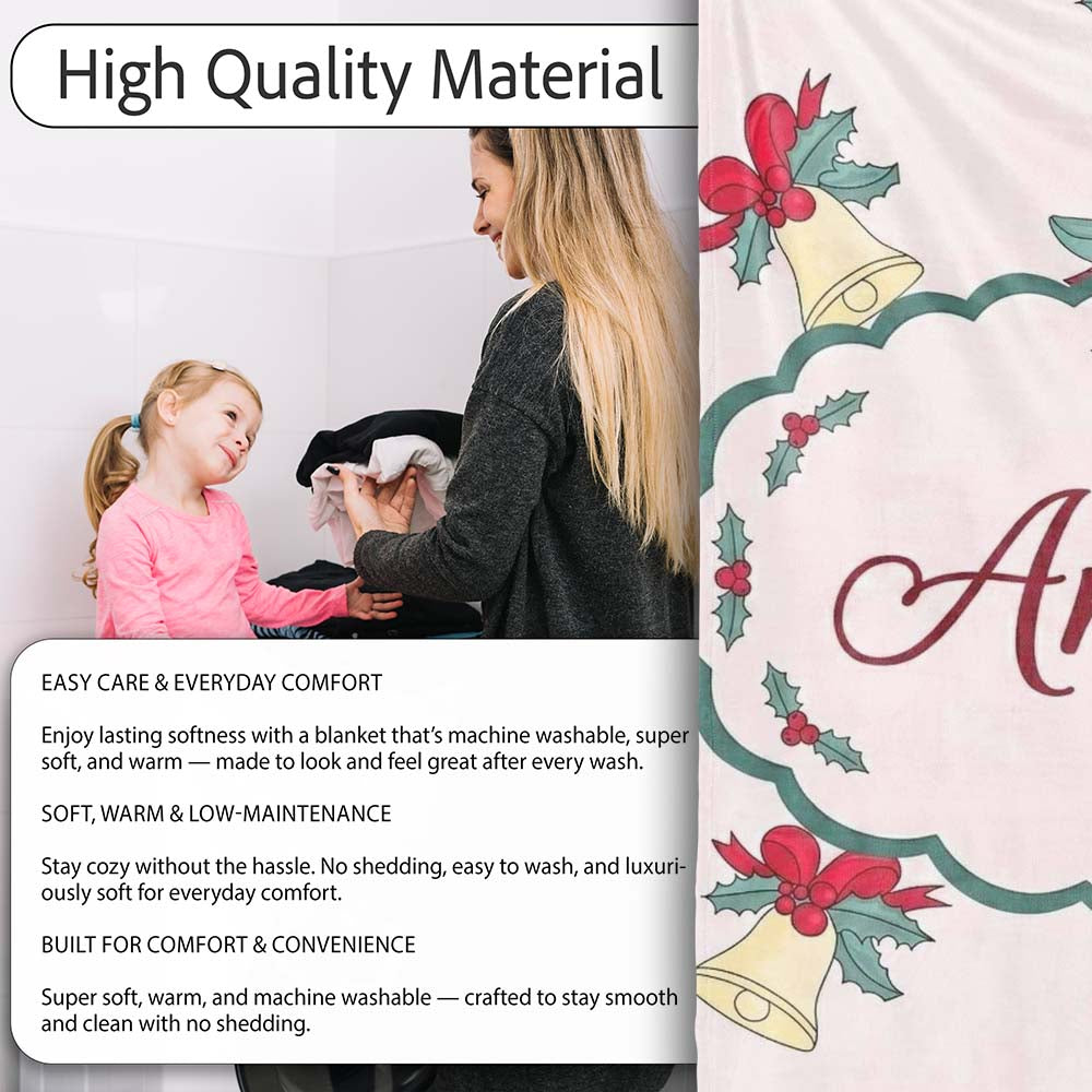 Poinsettia Flower Christmas Bell Holly Seamless Pattern Lovely  Personalised Custom Name Super Soft Fleece Blanket Bed Sofa Throw