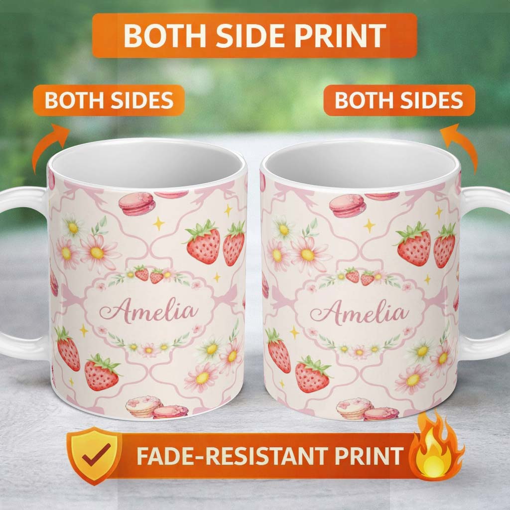 Personalized Custom Name Cute Watercolor Cherry Strawberry Daisy Flowers Pink Bow Soft Cream 11oz Ceramic Coffee Tea Mug White Large Handle