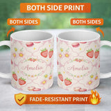 Personalized Custom Name Cute Watercolor Cherry Strawberry Daisy Flowers Pink Bow Soft Cream 11oz Ceramic Coffee Tea Mug White Large Handle