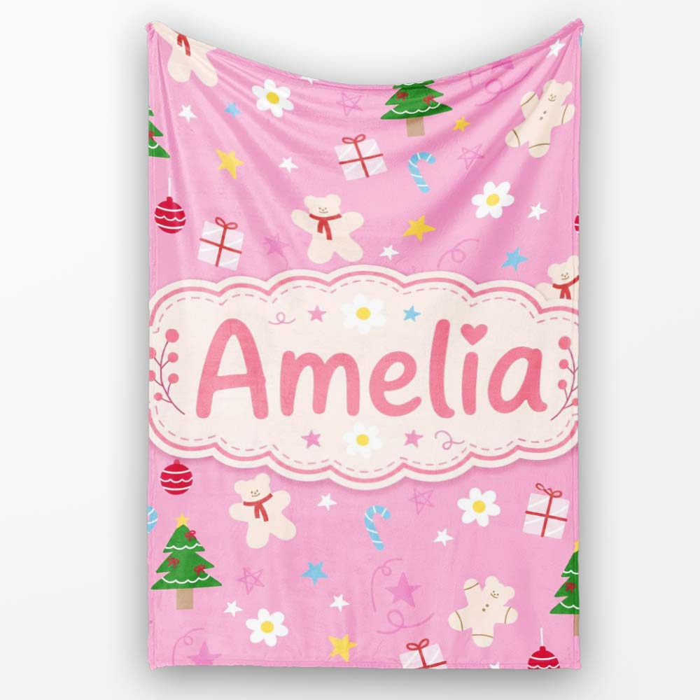 Cute Christmas Teddy Gingerbread Tree Candy Seamless Pattern Lovely  Personalised Custom Name Super Soft Fleece Blanket Bed Sofa Throw