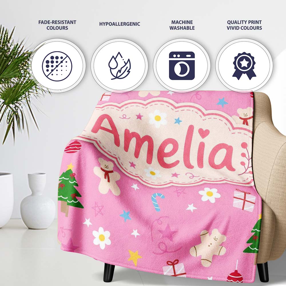 Cute Christmas Teddy Gingerbread Tree Candy Seamless Pattern Lovely  Personalised Custom Name Super Soft Fleece Blanket Bed Sofa Throw