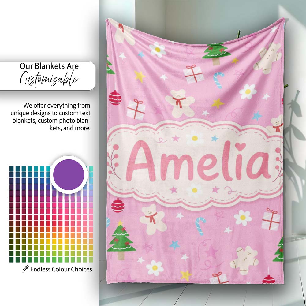 Cute Christmas Teddy Gingerbread Tree Candy Seamless Pattern Lovely  Personalised Custom Name Super Soft Fleece Blanket Bed Sofa Throw