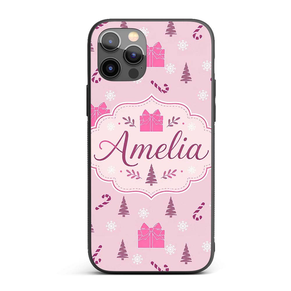 Cute Pink Christmas Gifts Candy Cane Snowflake Custom Name Protective Phone Case Mobile Cover Durable Everyday Smartphone Shock Resistant