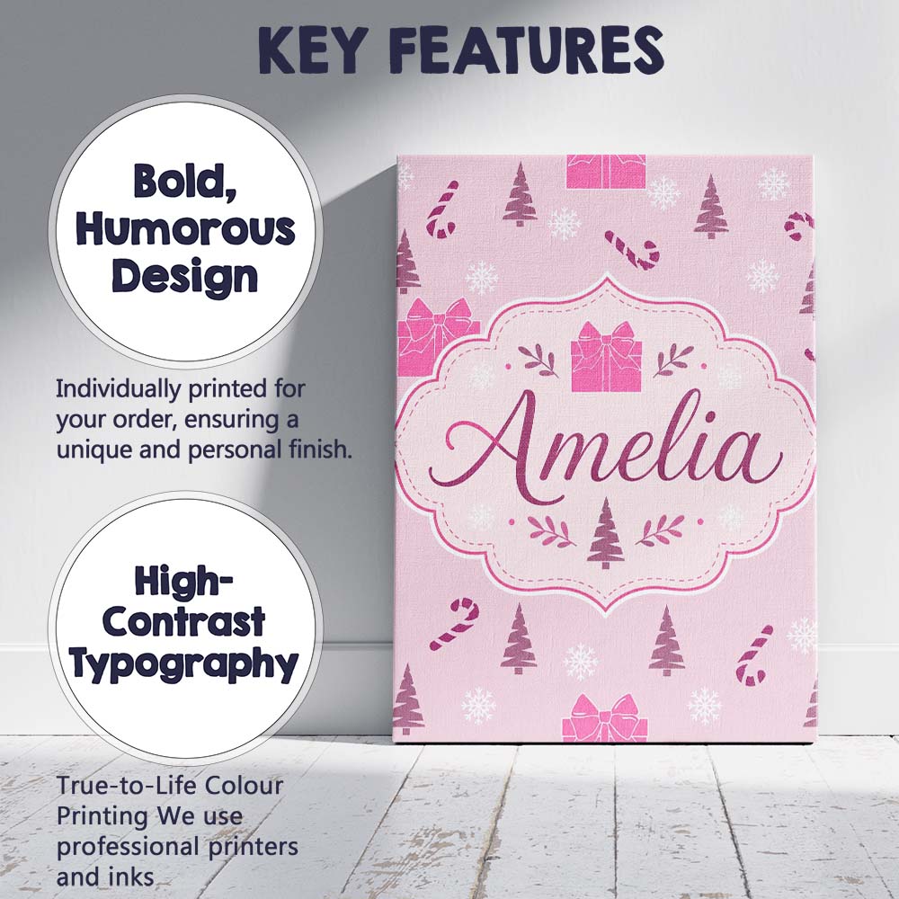 Personalised Name Cute Pink Christmas Gifts Custom  Bespoke Interior Contemporary Canvas Wall Art Print Decor Picture Ready to Hang