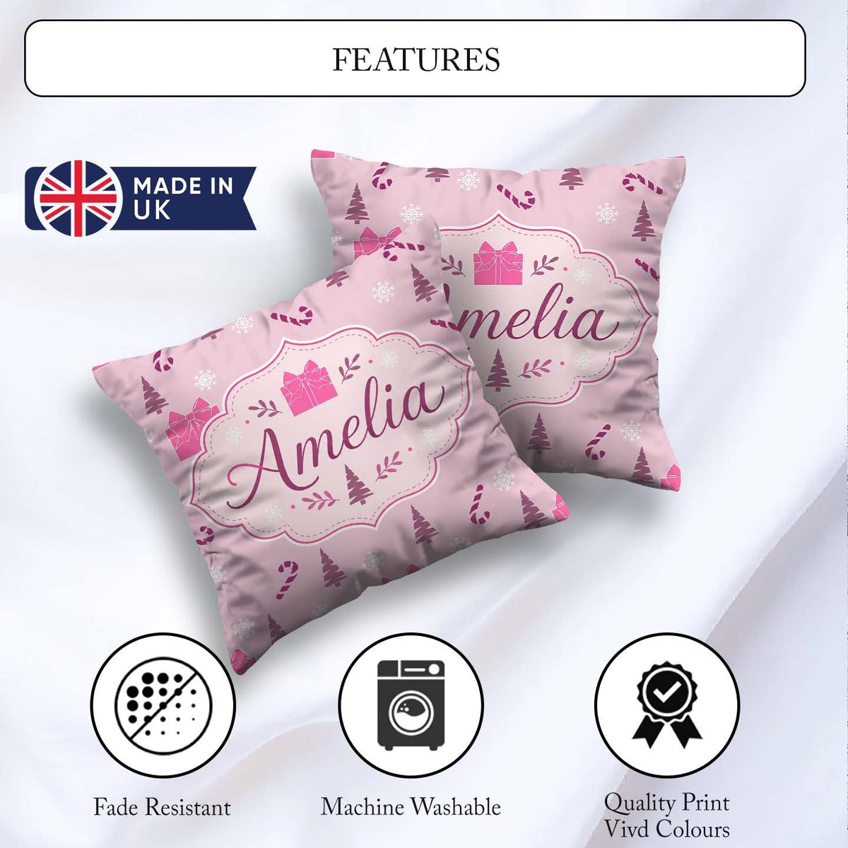 Custom Name Pink Christmas Gifts Cane Snowflake Seamless Pattern Square Filled Cushion Throw Pillow Sofa Bed Home Decor Zip Washable UK Made