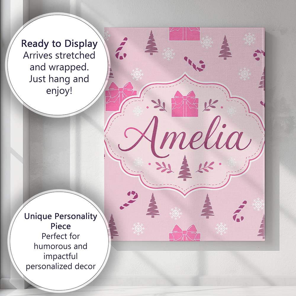 Personalised Name Cute Pink Christmas Gifts Custom  Bespoke Interior Contemporary Canvas Wall Art Print Decor Picture Ready to Hang
