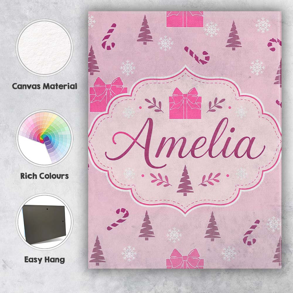 Personalised Name Cute Pink Christmas Gifts Custom  Bespoke Interior Contemporary Canvas Wall Art Print Decor Picture Ready to Hang