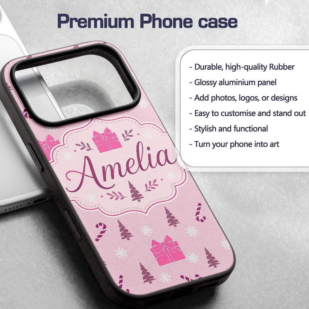 Cute Pink Christmas Gifts Candy Cane Snowflake Custom Name Protective Phone Case Mobile Cover Durable Everyday Smartphone Shock Resistant