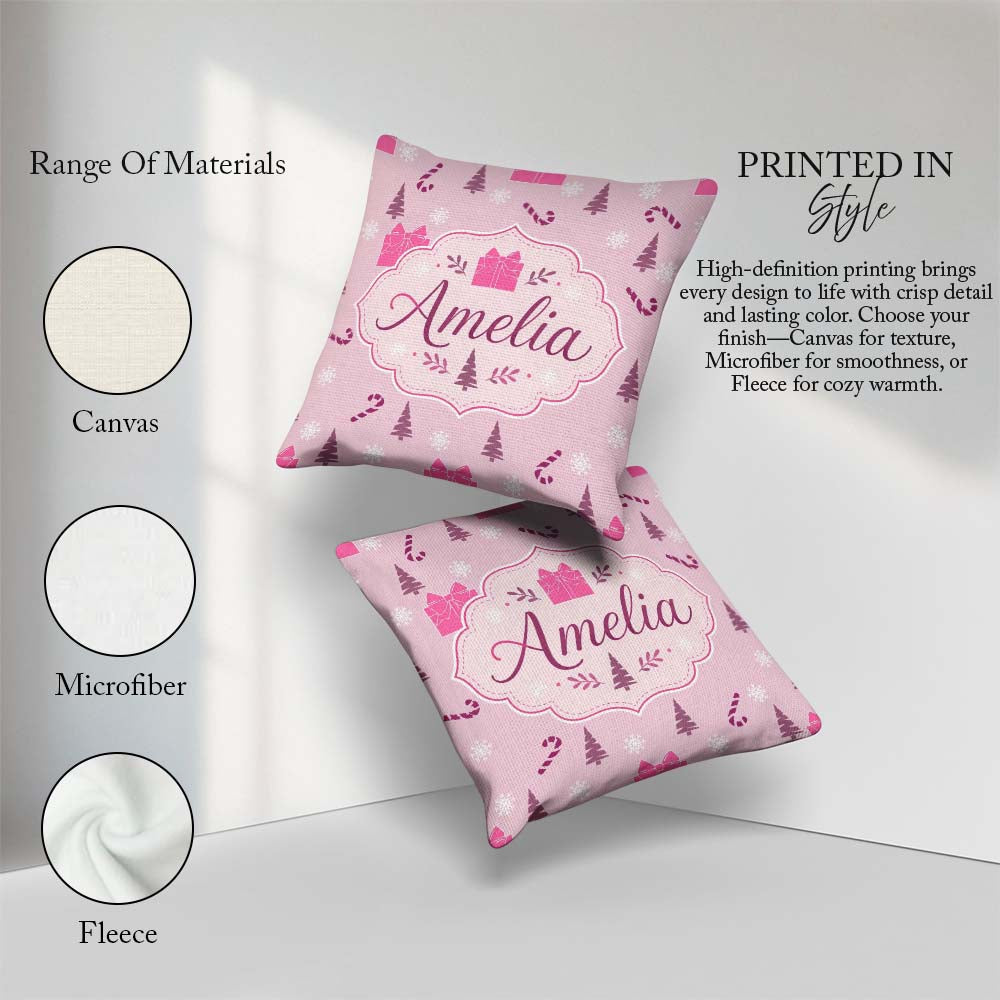 Custom Name Pink Christmas Gifts Cane Snowflake Seamless Pattern Square Filled Cushion Throw Pillow Sofa Bed Home Decor Zip Washable UK Made