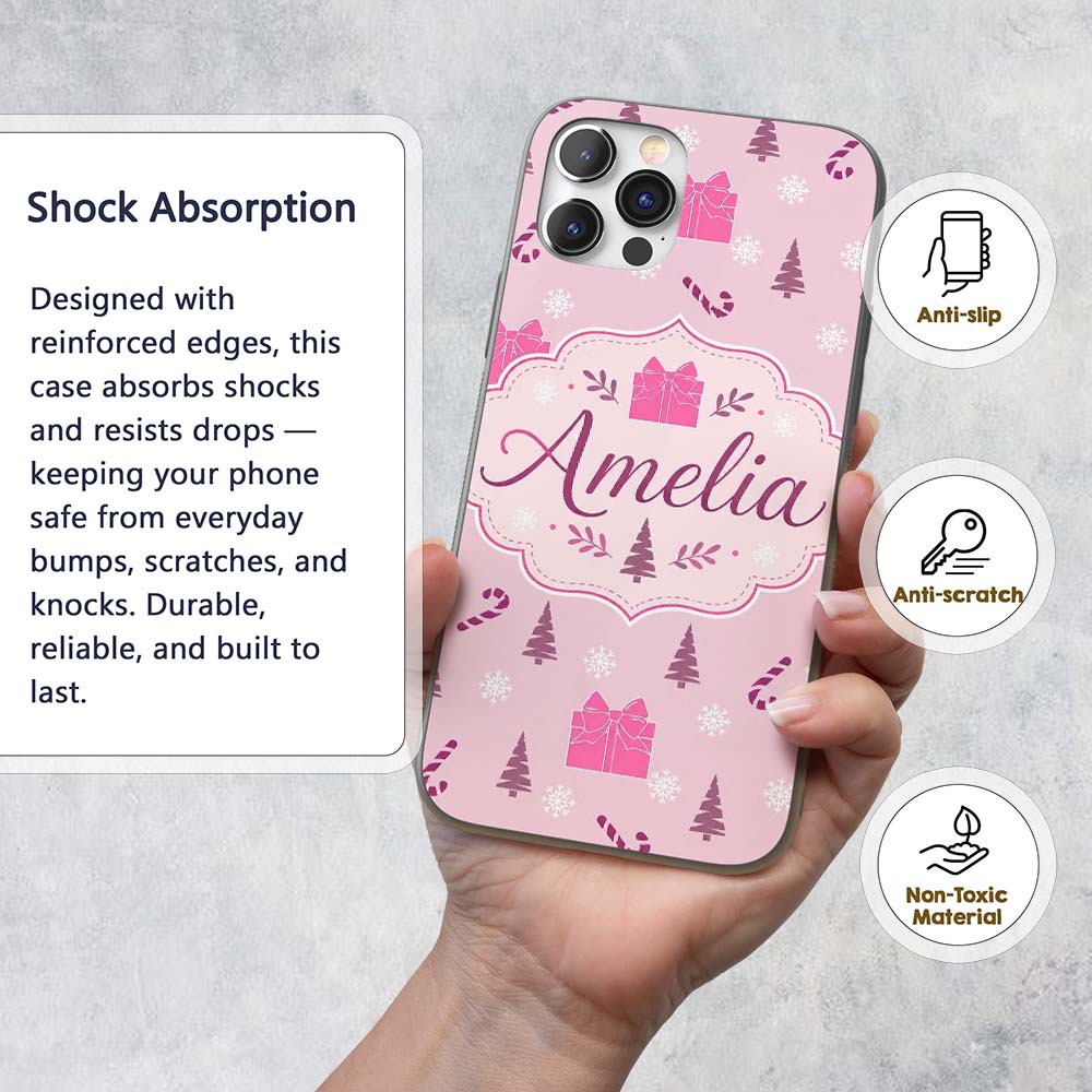 Cute Pink Christmas Gifts Candy Cane Snowflake Custom Name Protective Phone Case Mobile Cover Durable Everyday Smartphone Shock Resistant