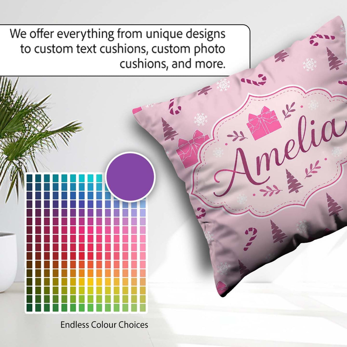 Custom Name Pink Christmas Gifts Cane Snowflake Seamless Pattern Square Filled Cushion Throw Pillow Sofa Bed Home Decor Zip Washable UK Made