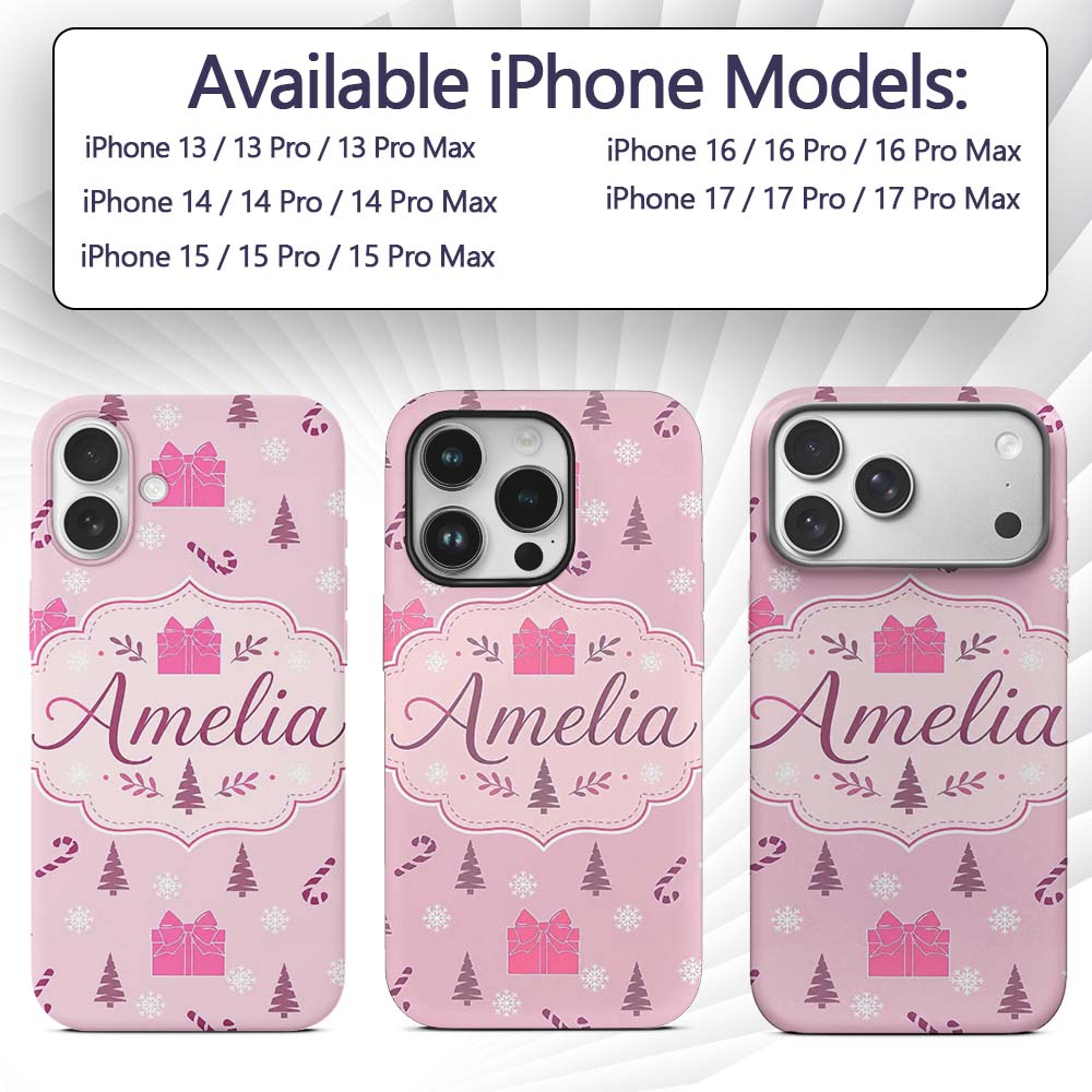 Cute Pink Christmas Gifts Candy Cane Snowflake Custom Name Protective Phone Case Mobile Cover Durable Everyday Smartphone Shock Resistant
