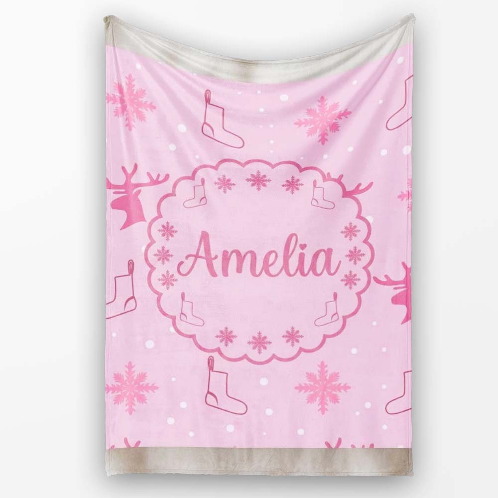 Cute Reindeer Snowflake Christmas Stocking Pink Seamless Pattern  Personalised Custom Name Super Soft Fleece Blanket Bed Sofa Throw