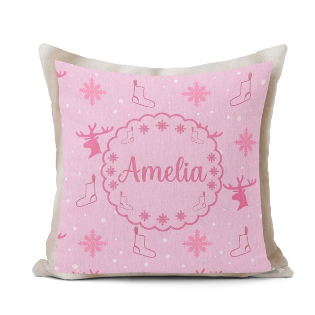 Custom Name Reindeer Snowflake Christmas Stocking Pink Seamless Square Filled Cushion Throw Pillow Sofa Bed Home Decor Zip Washable UK Made