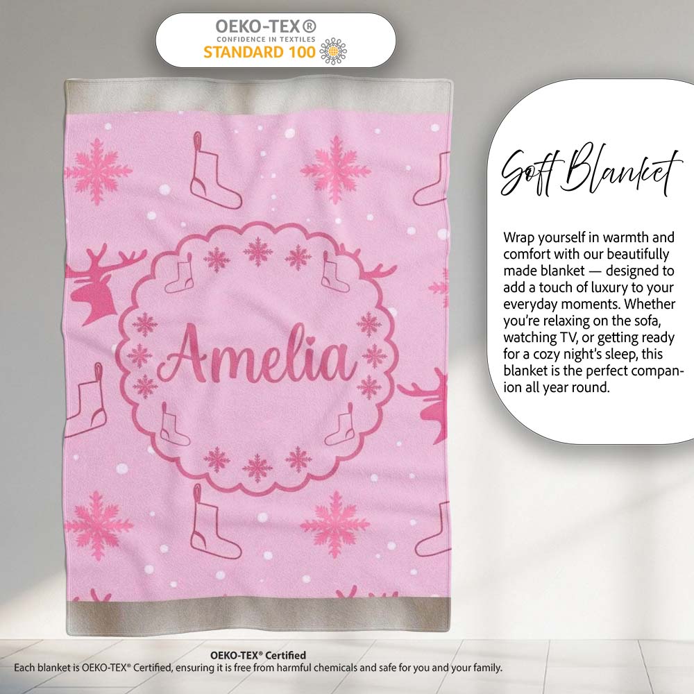 Cute Reindeer Snowflake Christmas Stocking Pink Seamless Pattern  Personalised Custom Name Super Soft Fleece Blanket Bed Sofa Throw