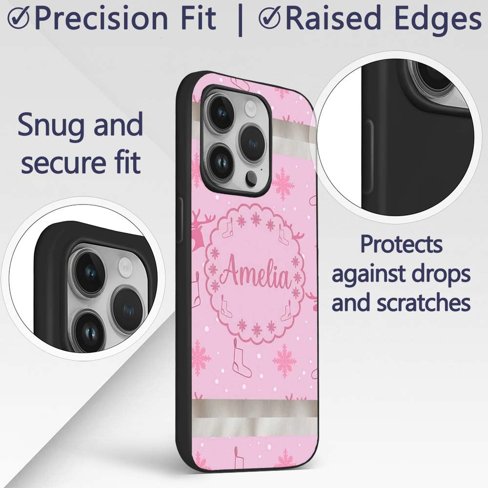 Cute Reindeer Snowflake Christmas Stocking Pink Custom Name Protective Phone Case Mobile Cover Durable Everyday Smartphone Shock Resistant