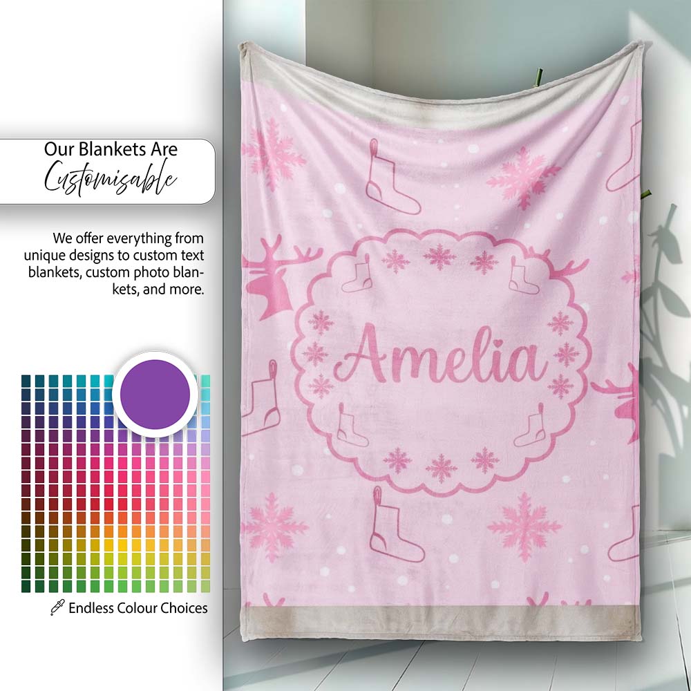 Cute Reindeer Snowflake Christmas Stocking Pink Seamless Pattern  Personalised Custom Name Super Soft Fleece Blanket Bed Sofa Throw