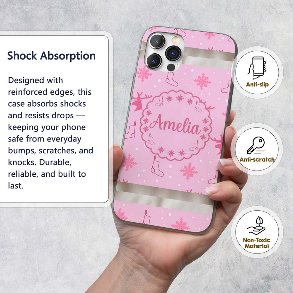Cute Reindeer Snowflake Christmas Stocking Pink Custom Name Protective Phone Case Mobile Cover Durable Everyday Smartphone Shock Resistant